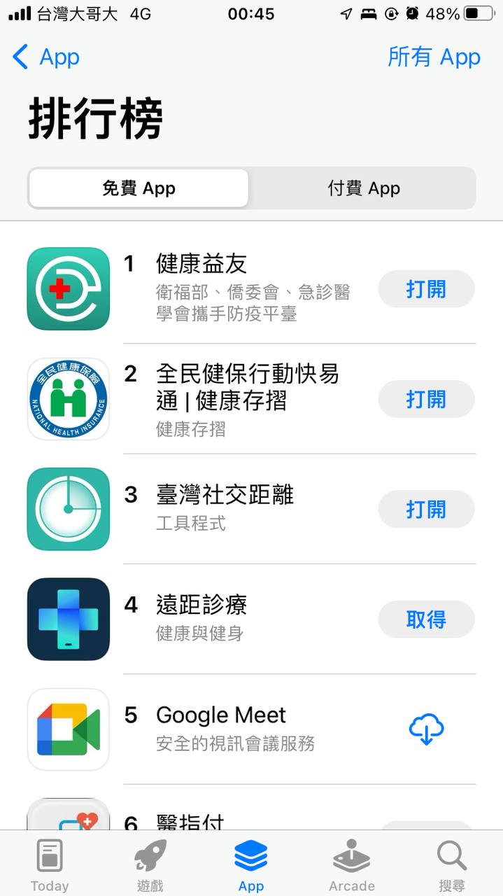 健康益友登上 App Store 免費App排行榜第一名